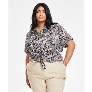 Tommy Hilfiger Plus Size 3X Cotton Cuffed-Sleeve Sky Captain Bright White